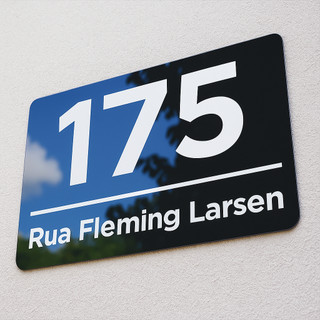Placa de endereço preta com número 175 instalada em muro claro